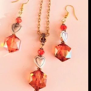 Orange crystal beaded heart jewelry set